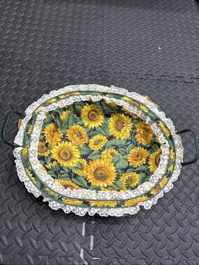 Vintage Fabric Lined Oval Tray With Sunflower Print & Lace Trim NEW *